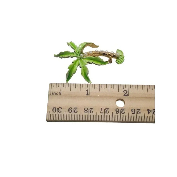 Faux Pearl Beaded Green Enamel Tropical Palm Tree Brooch Pin Gold Tone Vintage - Picture 4 of 4